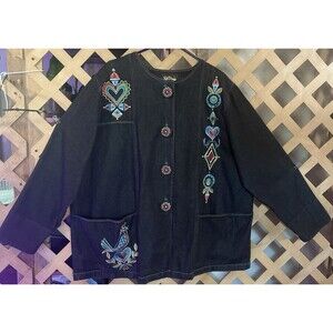 BOB MACKIE Wearable Art 90's Embroidered Jeweled Black Denim Barn Jacket 2X